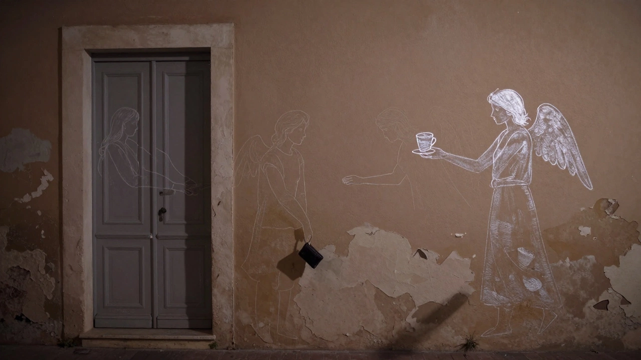 An alley wall covered in single lines representing quiet human acts, with unseen angels in the negative space.