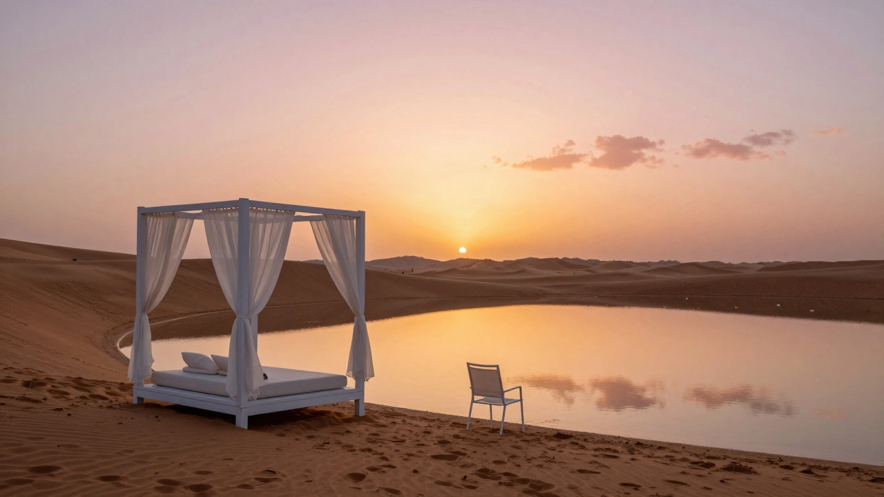 Desert lake at golden hour with a white cabana reflecting in still water.